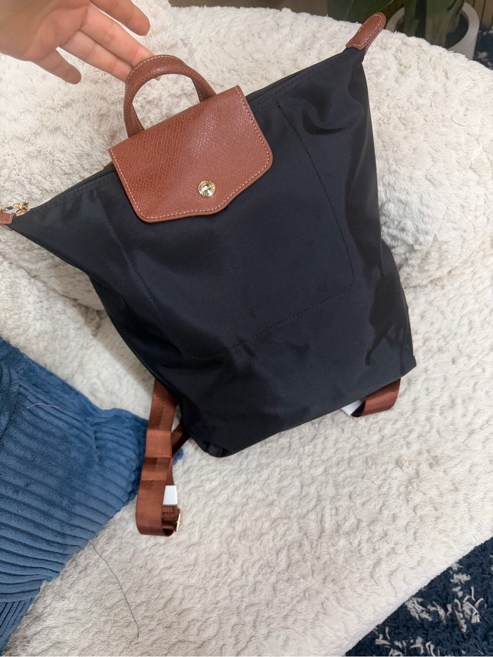 Classic Black Nylon Backpack with Brown Trim